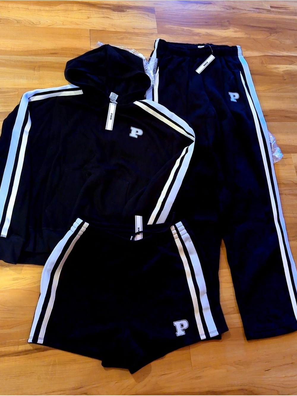 NWT VS PINK 3 Piece Black Campus Set Medium Hoodie, Pants, Shorts